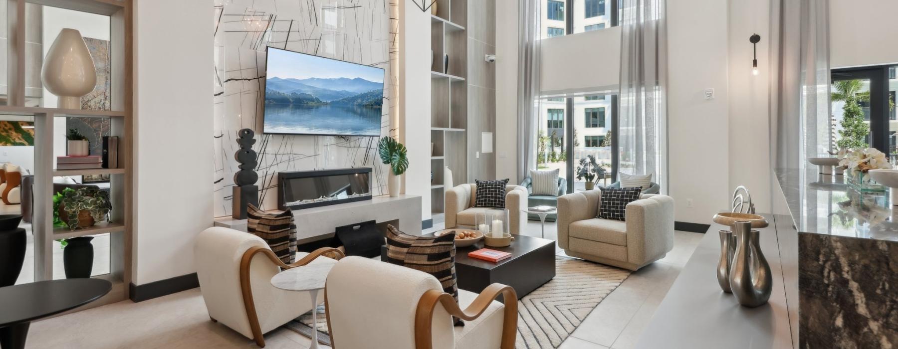 lounge area with modern decor and ample seating