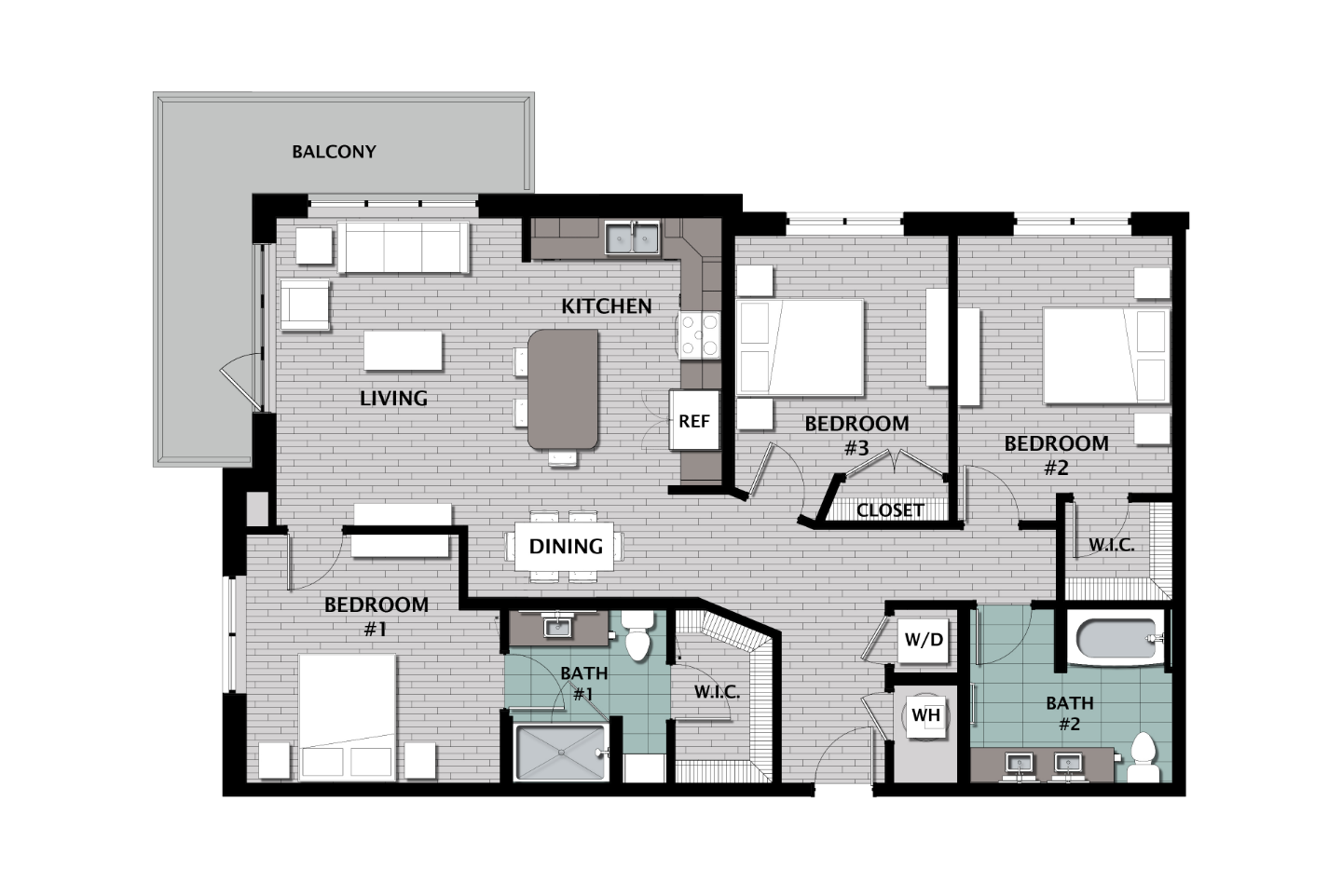 C1 3-bedroom floor plan at The CenterPointe Apartments in Altamonte Springs FL